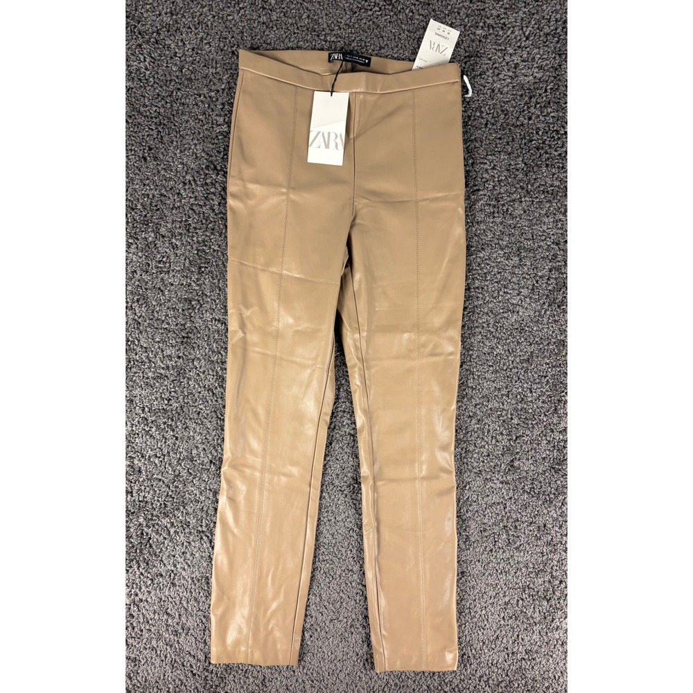Zara Womens High Rise Faux Leather Leggings Tan Beige Size M 5427/220